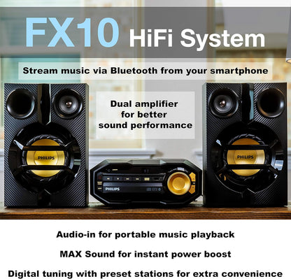 PHILIPS FX10 Bluetooth Stereo System for Home with CD Player , MP3, USB, FM Radio, Bass Reflex Speaker, 230 W, Remote Control Included - 7DAY'S