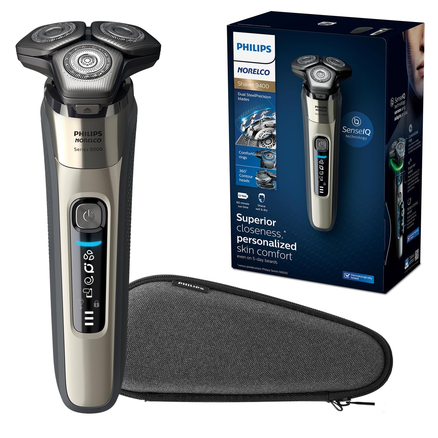 Philips Norelco 9400 Rechargeable Wet/Dry Electric Shaver with SenseIQ and Comfort Glide Ring Technology, Battery Powered, Silver, S9502/83 - 7DAY'S