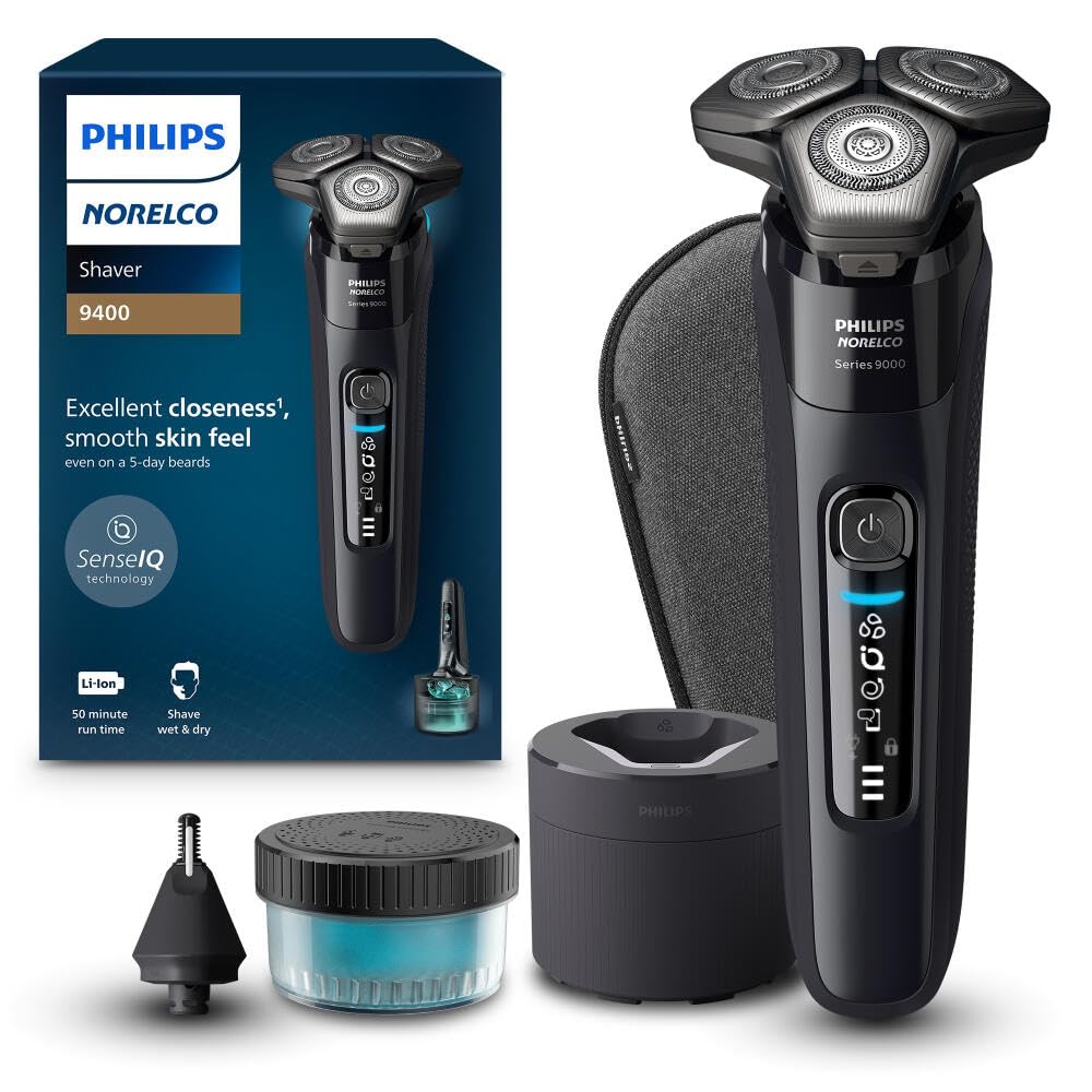 Philips Norelco 9400 Rechargeable Wet/Dry Electric Shaver with SenseIQ and Comfort Glide Ring Technology, Battery Powered, Silver, S9502/83 - 7DAY'S
