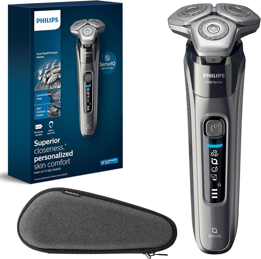 Philips Rechargeable Wet/Dry Electric Shaver Series 9000 with SenseIQ and Comfort Glide Ring Technology, Battery Powered, Silver - 7DAY'S