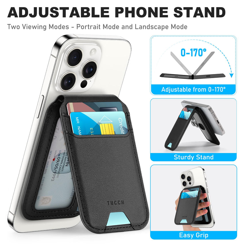 Phone Wallet with Adjustable Stand, [RFID Blocking] Credit Card Holder, Fit 5 Cards, PU Leather Magnetic Wallet for iPhone 16/15/14/13/12/Plus/Pro/Pro Max Series, Not for mini, Black - 7DAY'S