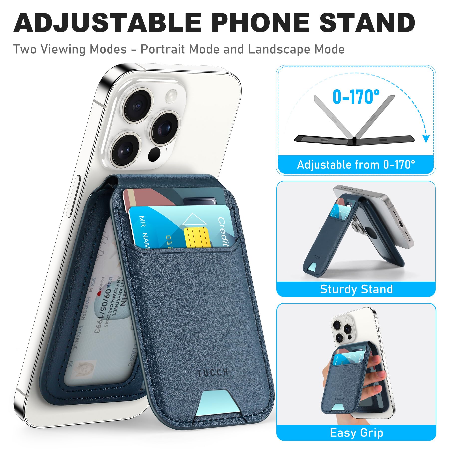 Phone Wallet with Adjustable Stand, [RFID Blocking] Credit Card Holder, Fit 5 Cards, PU Leather Magnetic Wallet for iPhone 16/15/14/13/12/Plus/Pro/Pro Max Series, Not for mini, Black - 7DAY'S