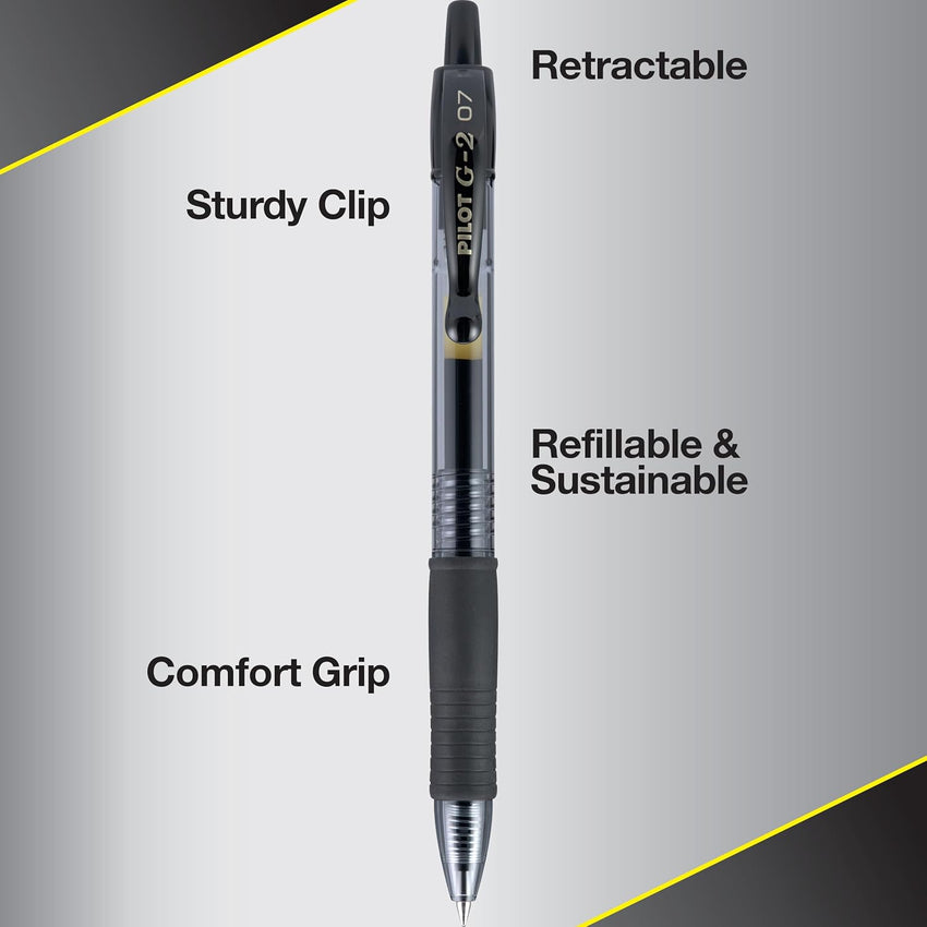 Pilot G2 Premium Gel Roller Pens 0.7, Fine Point Smooth Writing Pens Black, Pack of 12 - 7DAY'S