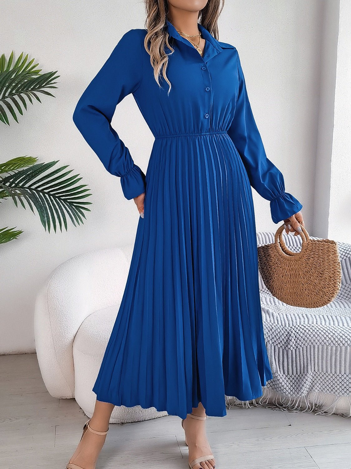 Pleated Half Button Long Sleeve Midi Dress - 7DAY'S