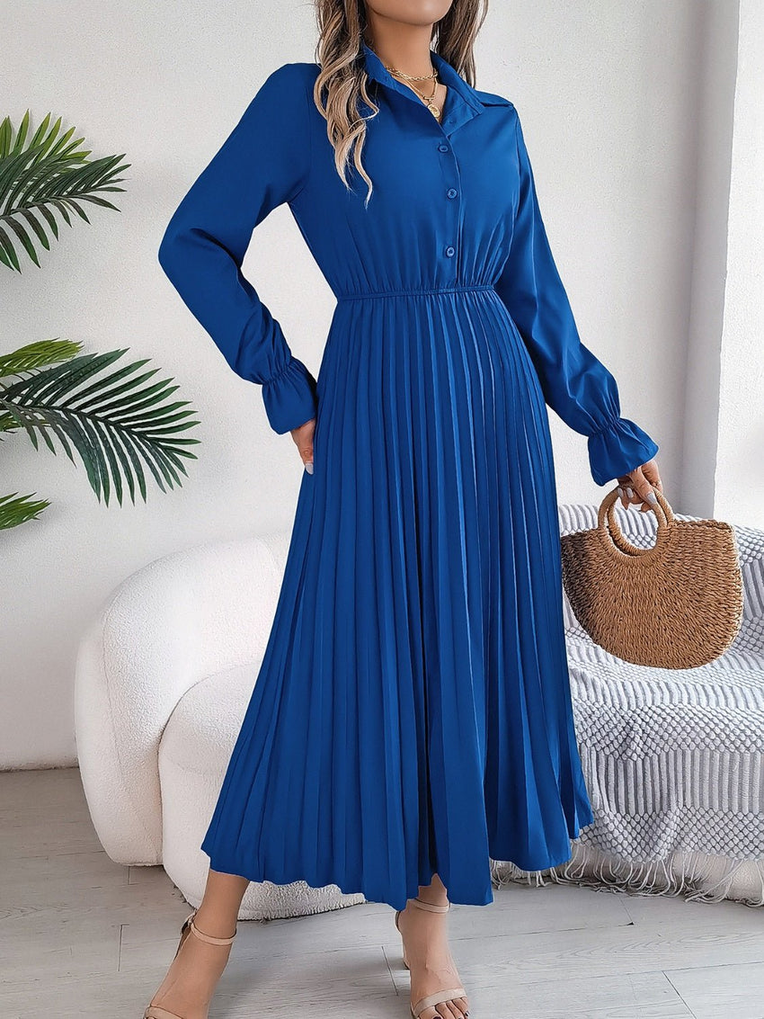 Pleated Half Button Long Sleeve Midi Dress - 7DAY'S