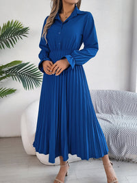 Pleated Half Button Long Sleeve Midi Dress - 7DAY'S