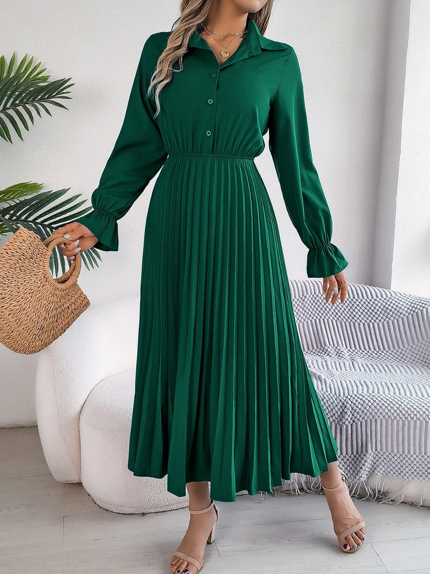 Pleated Half Button Long Sleeve Midi Dress - 7DAY'S