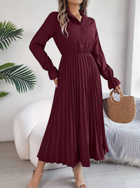 Pleated Half Button Long Sleeve Midi Dress - 7DAY'S