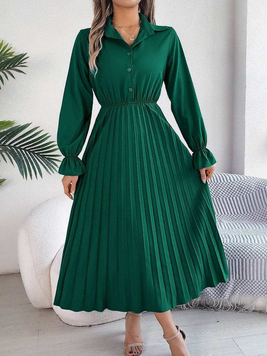 Pleated Half Button Long Sleeve Midi Dress - 7DAY'S