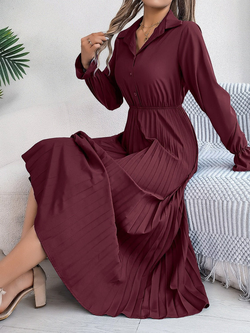 Pleated Half Button Long Sleeve Midi Dress - 7DAY'S