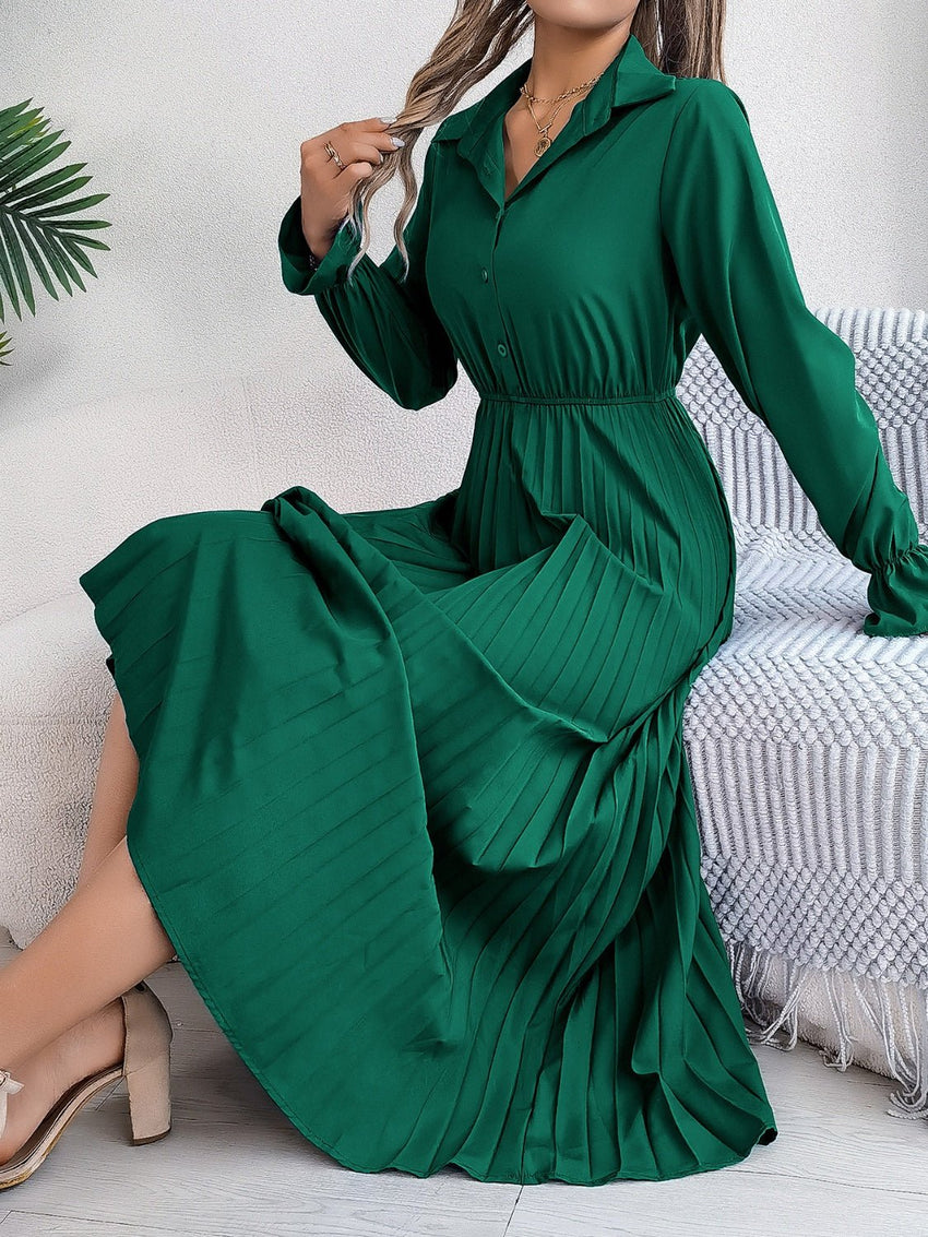 Pleated Half Button Long Sleeve Midi Dress - 7DAY'S