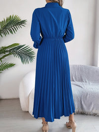 Pleated Half Button Long Sleeve Midi Dress - 7DAY'S