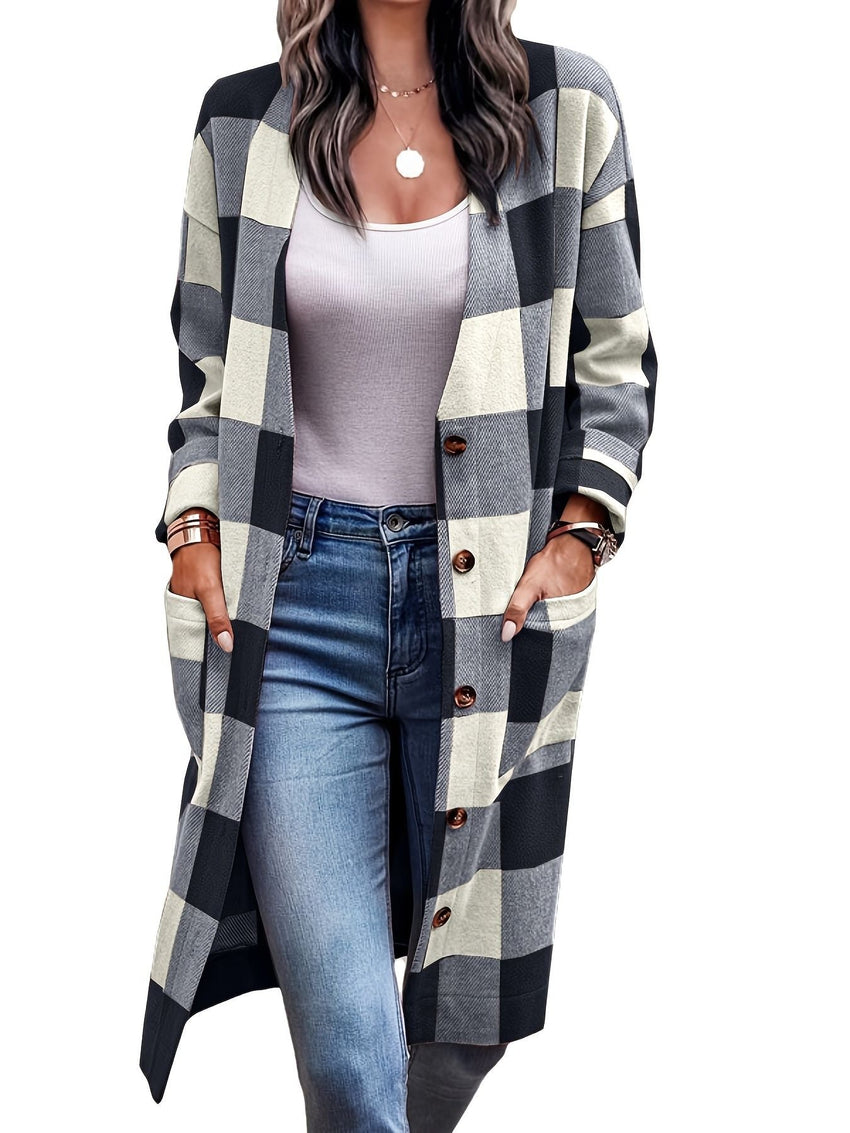 Plus Size Plaid Pattern Pockets Longline Coat; Women's Plus Long Sleeve Casual Coat - 7DAY'S