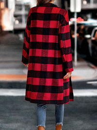 Plus Size Plaid Pattern Pockets Longline Coat; Women's Plus Long Sleeve Casual Coat - 7DAY'S