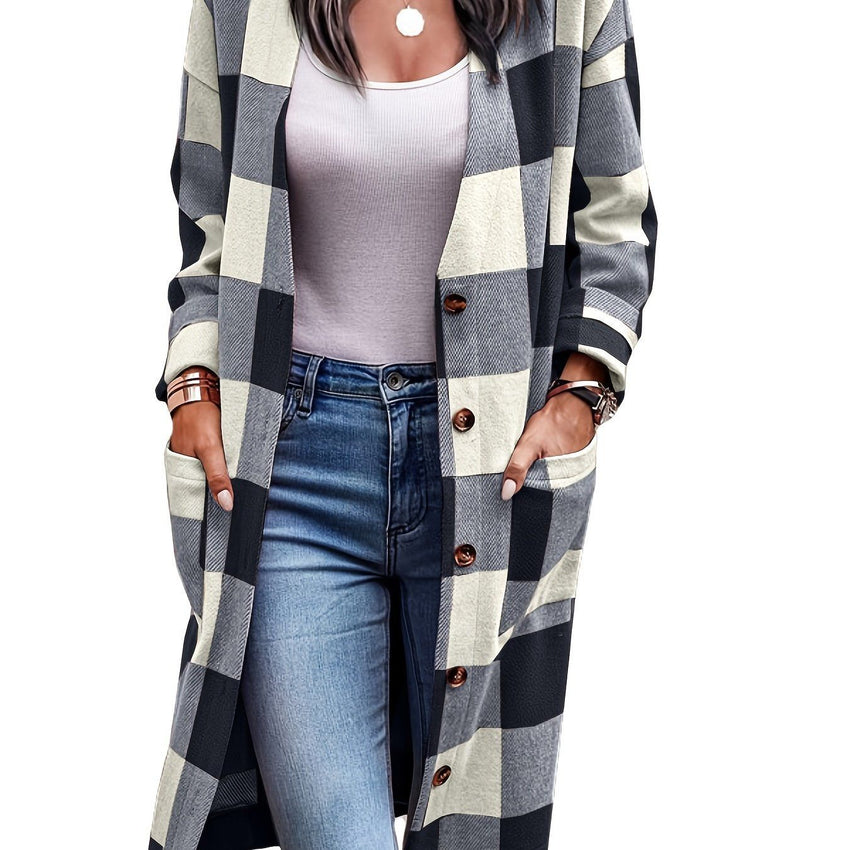 Plus Size Plaid Pattern Pockets Longline Coat; Women's Plus Long Sleeve Casual Coat - 7DAY'S