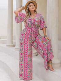 Plus Size Printed Half Sleeve Wide Leg Jumpsuit - 7DAY'S