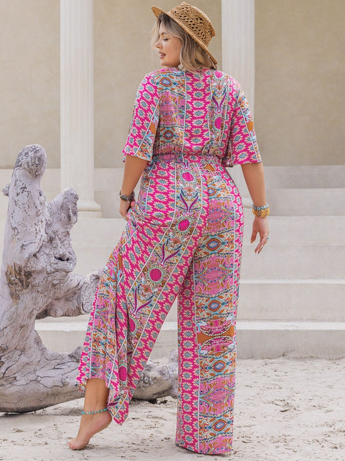 Plus Size Printed Half Sleeve Wide Leg Jumpsuit - 7DAY'S