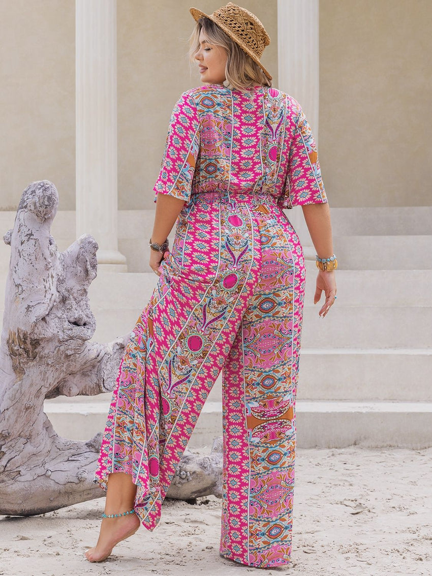 Plus Size Printed Half Sleeve Wide Leg Jumpsuit - 7DAY'S