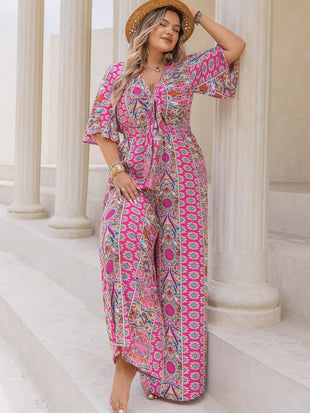 Plus Size Printed Half Sleeve Wide Leg Jumpsuit