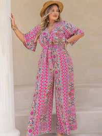 Plus Size Printed Half Sleeve Wide Leg Jumpsuit - 7DAY'S