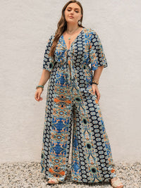 Plus Size Printed Half Sleeve Wide Leg Jumpsuit - 7DAY'S