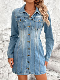 Pocketed Button Up Long Sleeve Denim Dress - 7DAY'S