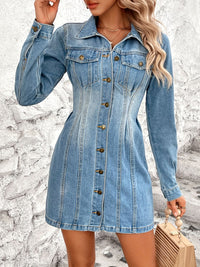 Pocketed Button Up Long Sleeve Denim Dress - 7DAY'S