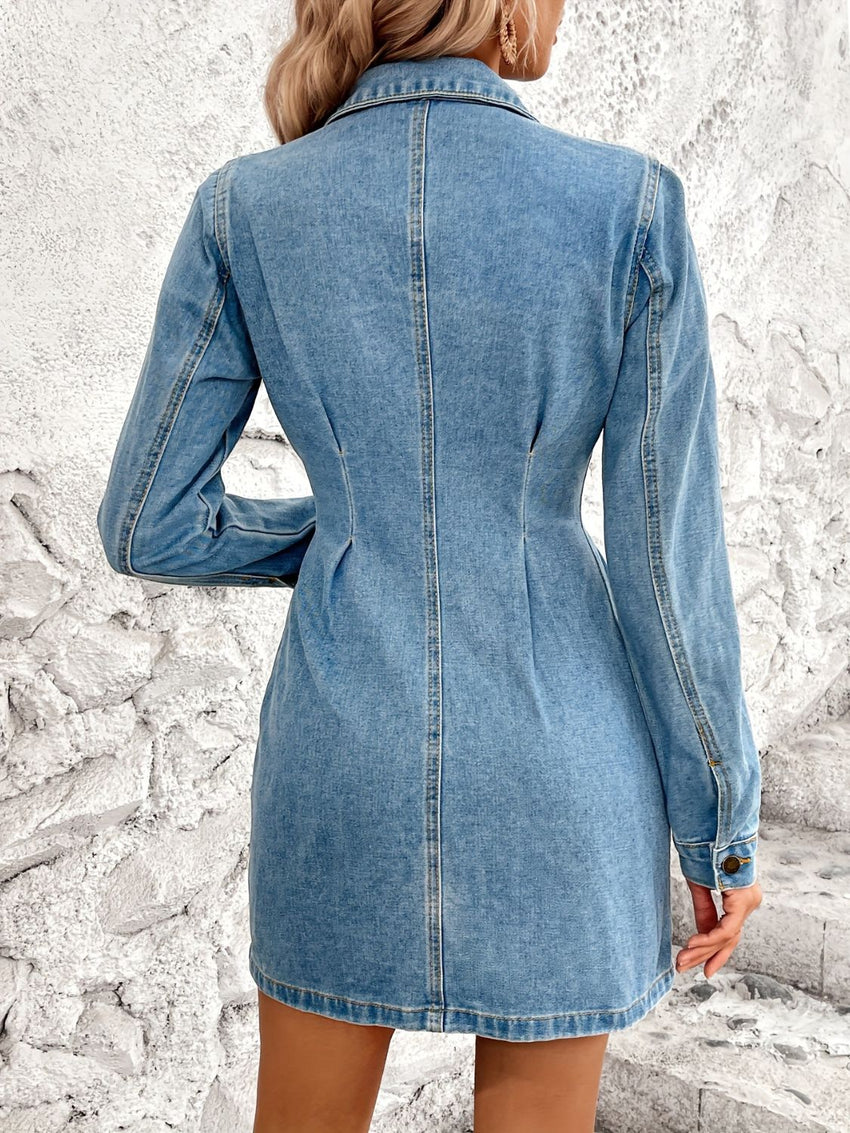 Pocketed Button Up Long Sleeve Denim Dress - 7DAY'S