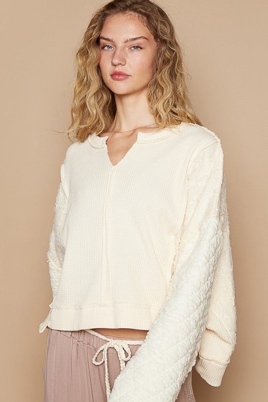 POL Waffle - Knit Notched Long Sleeve Knit Top - 7DAY'S