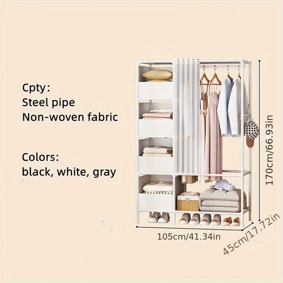 Portable simple wardrobe with 4 - tier, separate wardrobe organizer storage system with metal hanging rods and side hooks. Suitable for wardrobes and bedrooms - 7DAY'S