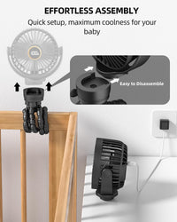 Portable Stroller Mini Fan, Small Rechargeable Personal Fan, Baby Travel Essentials for Wagon, Car Seat, Treadmill, Battery Powered Biking Gear Accessories, 360° Rotation, 3 - Speed, Display, Black - 7DAY'S