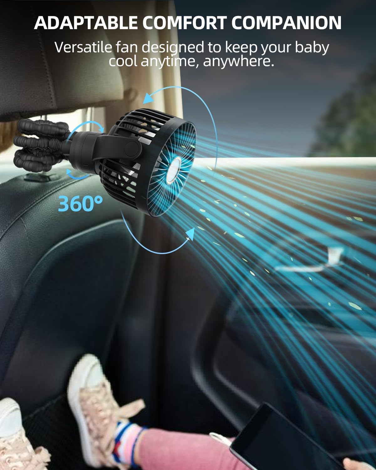 Portable Stroller Mini Fan, Small Rechargeable Personal Fan, Baby Travel Essentials for Wagon, Car Seat, Treadmill, Battery Powered Biking Gear Accessories, 360° Rotation, 3 - Speed, Display, Black - 7DAY'S