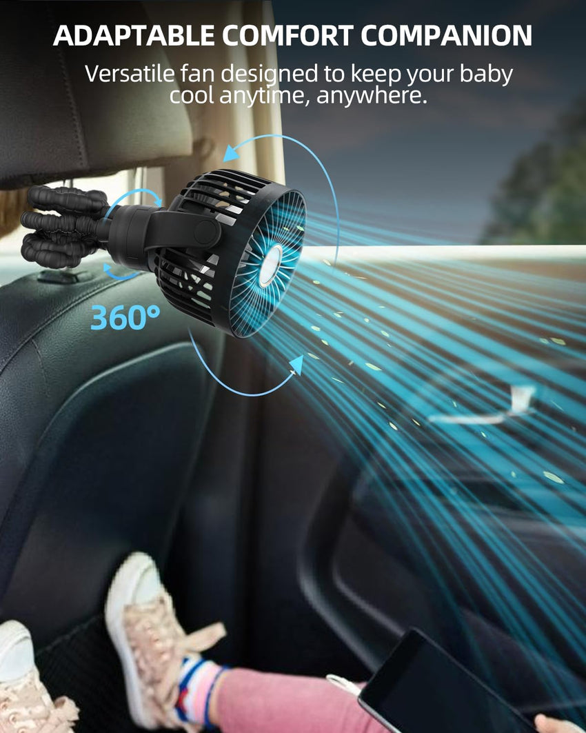 Portable Stroller Mini Fan, Small Rechargeable Personal Fan, Baby Travel Essentials for Wagon, Car Seat, Treadmill, Battery Powered Biking Gear Accessories, 360° Rotation, 3 - Speed, Display, Black - 7DAY'S