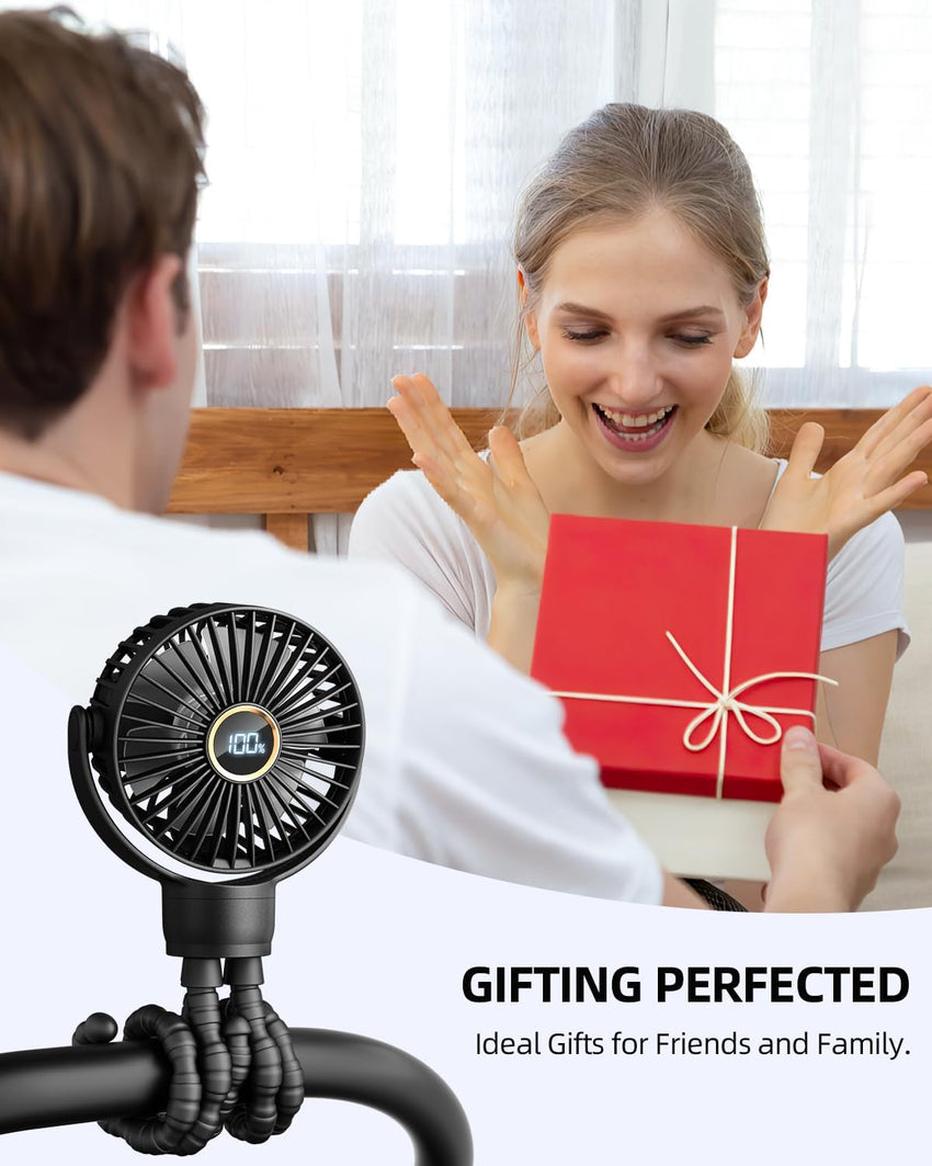Portable Stroller Mini Fan, Small Rechargeable Personal Fan, Baby Travel Essentials for Wagon, Car Seat, Treadmill, Battery Powered Biking Gear Accessories, 360° Rotation, 3 - Speed, Display, Black - 7DAY'S