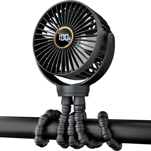 Portable Stroller Mini Fan, Small Rechargeable Personal Fan, Baby Travel Essentials for Wagon, Car Seat, Treadmill, Battery Powered Biking Gear Accessories, 360° Rotation, 3-Speed, Display, Black