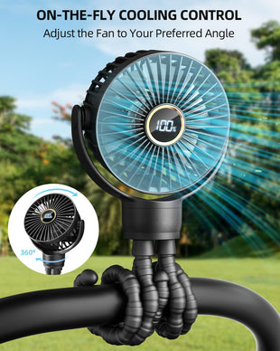 Portable Stroller Mini Fan, Small Rechargeable Personal Fan, Baby Travel Essentials for Wagon, Car Seat, Treadmill, Battery Powered Biking Gear Accessories, 360° Rotation, 3 - Speed, Display, Black - 7DAY'S