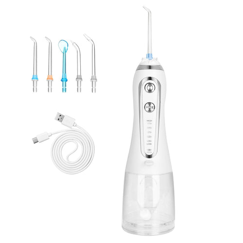 Portable Water Dental Flosser Cordless Rechargeable Dental Oral Irrigator IPX7 Waterproof Teeth Cleaner with 5 Modes 5 Nozzles 10.14oz Detachable Water Tank for Travel Home