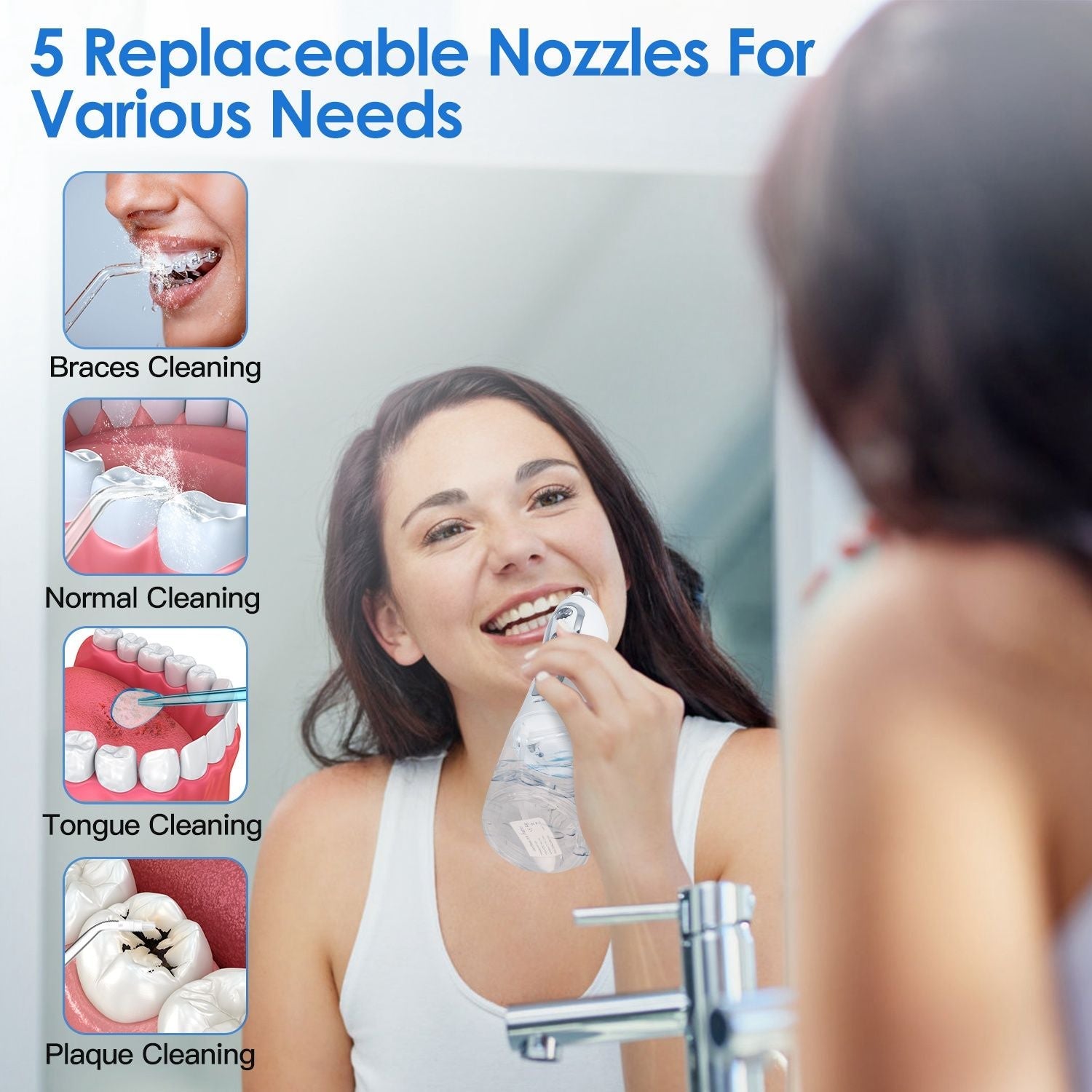 Portable Water Dental Flosser Cordless Rechargeable Dental Oral Irrigator IPX7 Waterproof Teeth Cleaner with 5 Modes 5 Nozzles 10.14oz Detachable Water Tank for Travel Home - 7DAY'S