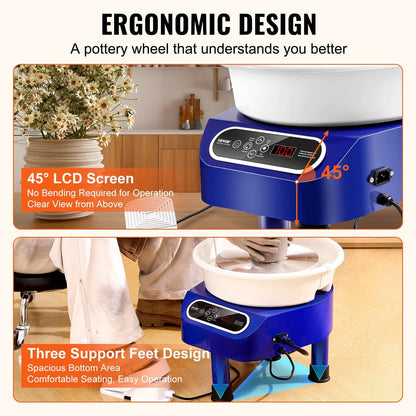 Pottery Wheel, 10 inch Pottery Forming Machine, 350W Electric Wheel for Pottery with Foot Pedal and LCD Touch Screen, Direct Drive Ceramic Wheel with 3 Support Legs for DIY Art Craft, Blue - 7DAY'S