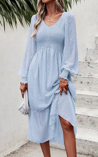 PRETTYGARDEN Women's Fall Dresses 2025 Long Sleeve V Neck Swiss Dot Empire Waist Chiffon Dress Ruffle Smocked Midi Dresses - 7DAY'S