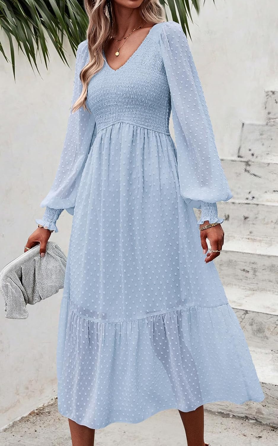PRETTYGARDEN Women's Fall Dresses 2025 Long Sleeve V Neck Swiss Dot Empire Waist Chiffon Dress Ruffle Smocked Midi Dresses - 7DAY'S