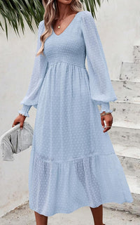 PRETTYGARDEN Women's Fall Dresses 2025 Long Sleeve V Neck Swiss Dot Empire Waist Chiffon Dress Ruffle Smocked Midi Dresses - 7DAY'S