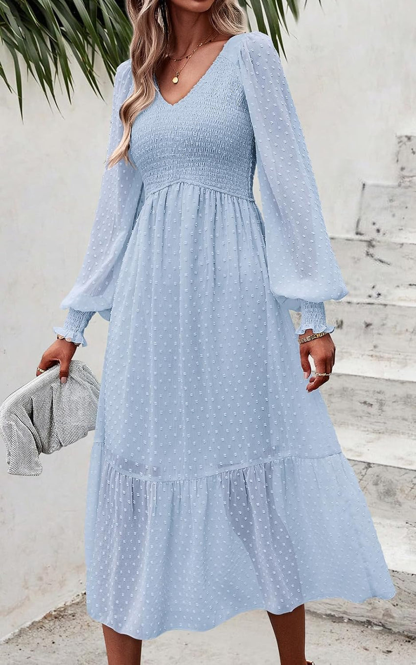 PRETTYGARDEN Women's Fall Dresses 2025 Long Sleeve V Neck Swiss Dot Empire Waist Chiffon Dress Ruffle Smocked Midi Dresses - 7DAY'S