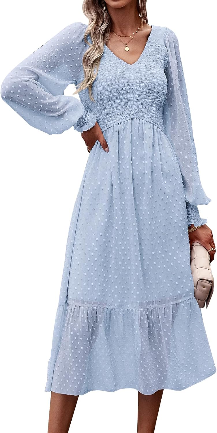 PRETTYGARDEN Women's Fall Dresses 2025 Long Sleeve V Neck Swiss Dot Empire Waist Chiffon Dress Ruffle Smocked Midi Dresses - 7DAY'S
