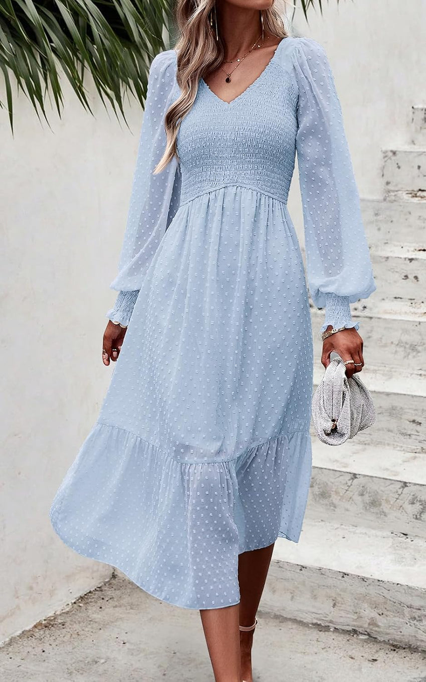 PRETTYGARDEN Women's Fall Dresses 2025 Long Sleeve V Neck Swiss Dot Empire Waist Chiffon Dress Ruffle Smocked Midi Dresses - 7DAY'S