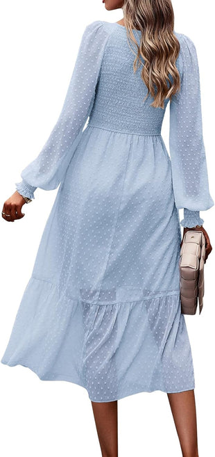 PRETTYGARDEN Women's Fall Dresses 2025 Long Sleeve V Neck Swiss Dot Empire Waist Chiffon Dress Ruffle Smocked Midi Dresses - 7DAY'S