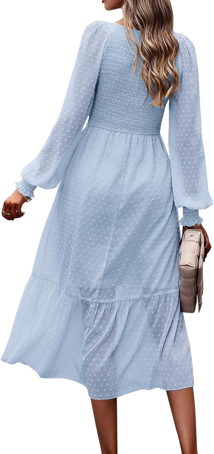 PRETTYGARDEN Women's Fall Dresses 2025 Long Sleeve V Neck Swiss Dot Empire Waist Chiffon Dress Ruffle Smocked Midi Dresses - 7DAY'S