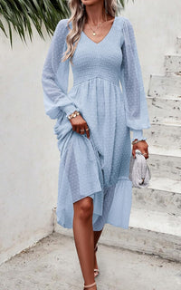 PRETTYGARDEN Women's Fall Dresses 2025 Long Sleeve V Neck Swiss Dot Empire Waist Chiffon Dress Ruffle Smocked Midi Dresses - 7DAY'S