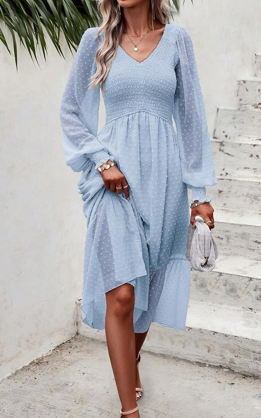 PRETTYGARDEN Women's Fall Dresses 2025 Long Sleeve V Neck Swiss Dot Empire Waist Chiffon Dress Ruffle Smocked Midi Dresses - 7DAY'S