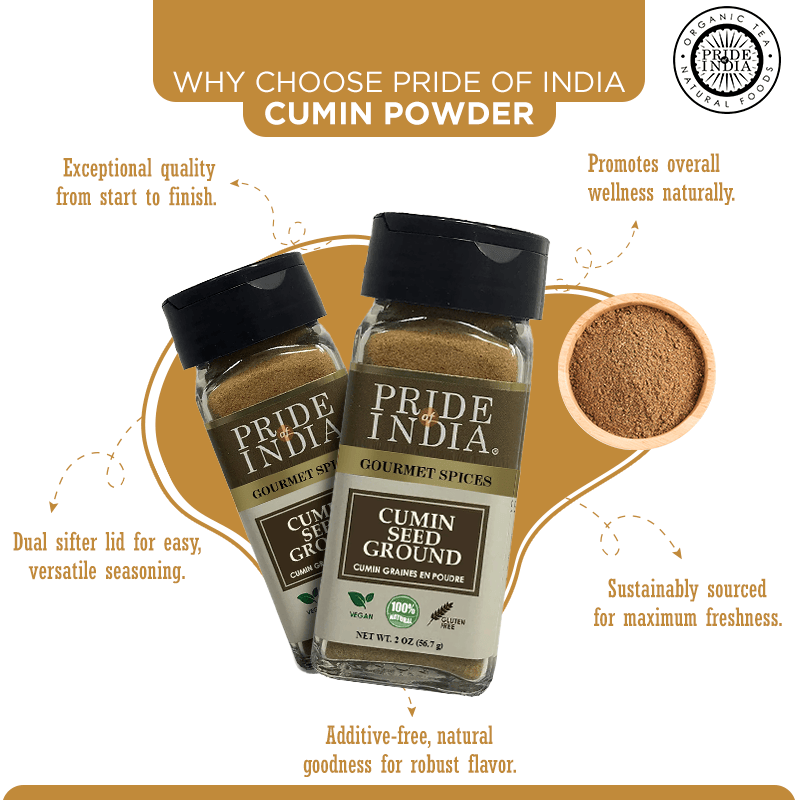 Pride of India | Cumin Seed Ground 2 oz (56.69 gm) | Rich, Earthy, Warming Flavor | Perfect for Tacos, Burritos, Curries, Pilaf, Marination, Vegetable Stir - Fries, Soups | Gluten - Free, Vegan - 7DAY'S